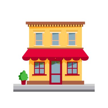 Penceresi ve kapısı olan boş bir dükkan. Tahta ve tuğla cephe. Cam butik vitrini. Küçük Avrupalı stil dükkânı dış görünüşü. Ticari, gayrimenkul, market ya da süpermarket. Düz vektör illüstrasyonu