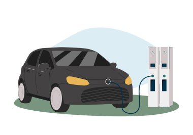 Modern elektrikli akıllı SUV araba şarj kablo fiş ile şarj istasyonunda. Beyaz arka planda izole edilmiş düz vektör illüstrasyon kavramı. Elektrikli gelecekteki ulaşım e-hareketi.