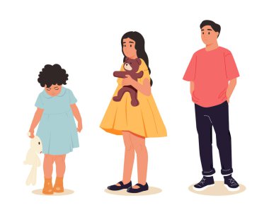 Mutlu çocuklar hakkında karikatür koleksiyonu. Farklı yaşlarda, farklı pozisyonlarda, beyaz arka planda izole edilmiş çocuklar.