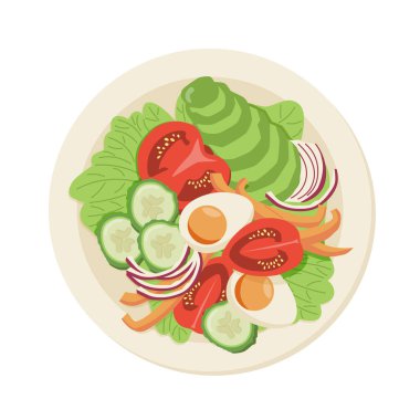 Sağlıklı beslenme, bir kase yeşillik ve farklı sebzelerle vejetaryen konsepti. Vektör illüstrasyonu.