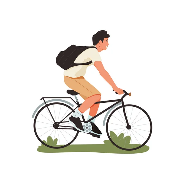 Young Man Rides Sport Bicycle Listening Music Vector Illustration Guy — 스톡 벡터