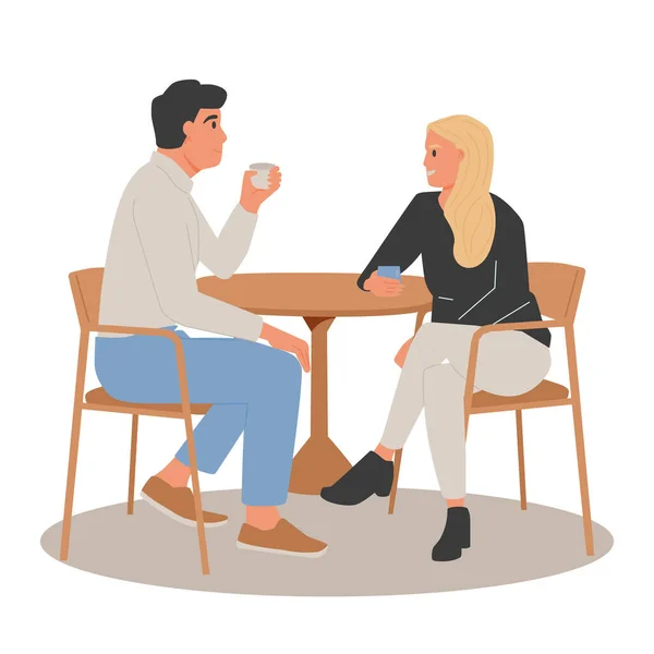男性と女性の漫画 ロマンチックなカップル日付 コーヒーショップやレストランに座っているカップル フラット漫画カラフルなベクトルイラスト — ストックベクタ