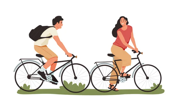 男と女 カップルのロマンチックなデート 二人は自転車に乗る フラット漫画カラフルなベクトルイラスト — ストックベクタ