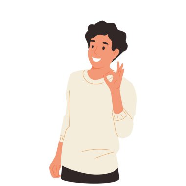 Genç adam tamam işareti gösteriyor, gülümsüyor ve kendinden emin. İnce çizgi şeklinde çizilmiş el, vektör illüstrasyonu.