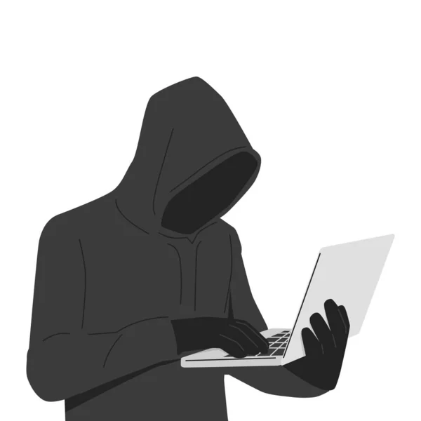 랩탑으로 정보를 훔치는 사이버 범죄자 웹보안 인터넷 사이버 공격을 시도하는 — 스톡 벡터