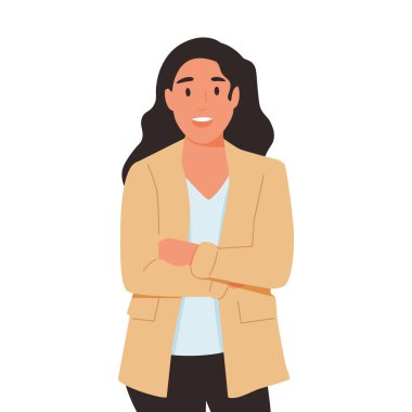 Güzel bir iş kadını. El çizimi vektör tasarımı. Takım elbiseli bir iş kadınının vektör illüstrasyonu.