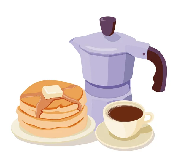 早上好健康的早餐煎饼和咖啡松饼适当营养的概念 第一餐卡通风格 平面设计 — 图库矢量图片