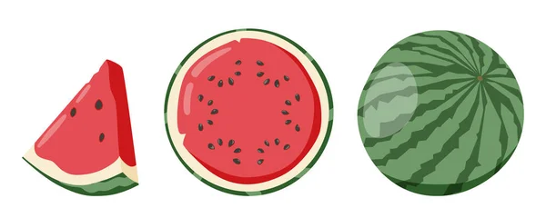 卡通新鲜绿色开放西瓜一半 切片和三角形 红色西瓜片与咬 切碎的鸡尾酒西瓜果盘 西瓜鲜嫩自然的图解 — 图库矢量图片