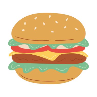 Marul, domates ve peynirli çizgi film burgeri. Vektör El Çizimi Görünümü Şeffaf Arkaplanda İzole Edildi.