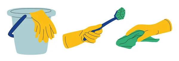 Hand Yellow Glove Cleaning Met Spons Emmer Squeegee Vector Set Vectorbeelden