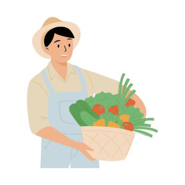 Çiftçilik ve tarım kavramı. Üniformalı gülen erkek çiftçi ya da bahçıvan olgun sebze ve meyve sepeti tutuyor. İş ve hasat. Çizgi film düz vektör çizimi beyaz arkaplanda izole edildi