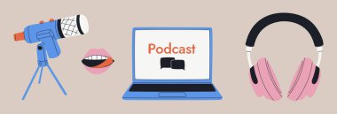 Kulaklıklar, mikrofon, laptop, dengeleyici, konuşma baloncukları. Podcast kayıt ve dinleme, yayın, çevrimiçi radyo, ses yayını hizmeti kavramı. Elle çizilmiş vektör ayarlandı. İzole elementler