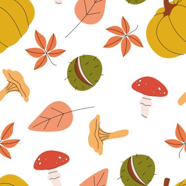 Dökülen yapraklar, mantarlar, balkabakları, böğürtlenler. Tekstil, ambalaj ve Şükran Günü kartları için harika.