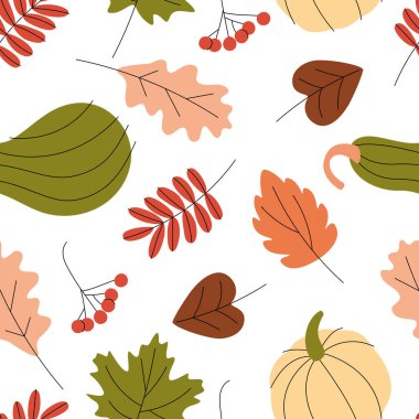 Rengarenk sonbahar, yaprakları, meyveleri, balkabakları ve mantarları olan dikişsiz doğal sonbahar deseni. Sonsuz arkaplan