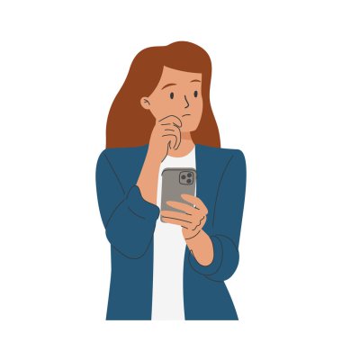 Cep telefonlu, kötü haber okuyan, internetten mesaj bırakan üzgün karakterler. İnsanları şok etti. Akıllı telefonlarla, olumsuz duygularla. Düz vektör çizimleri beyaz arkaplanda izole edildi