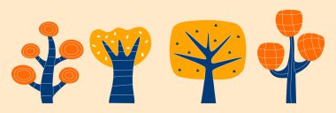 El çeşitli yeşil ve mor ağaçlar çizdi. Soyut farklı şekiller. Moda Vektör illüstrasyonu. Çizgi film tarzı. Çeşitli dokular. Tüm elementler izole edildi