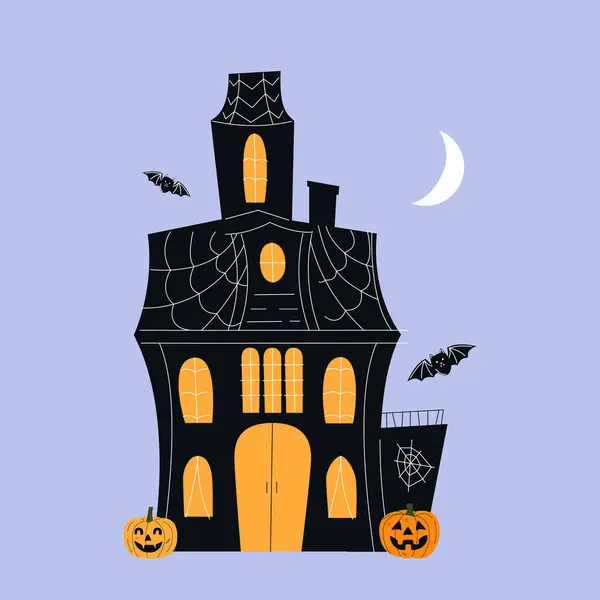 Feliz Tarjeta Halloween Con Casa Araña Calabazas Lindos Personajes Dibujos — Vector de stock