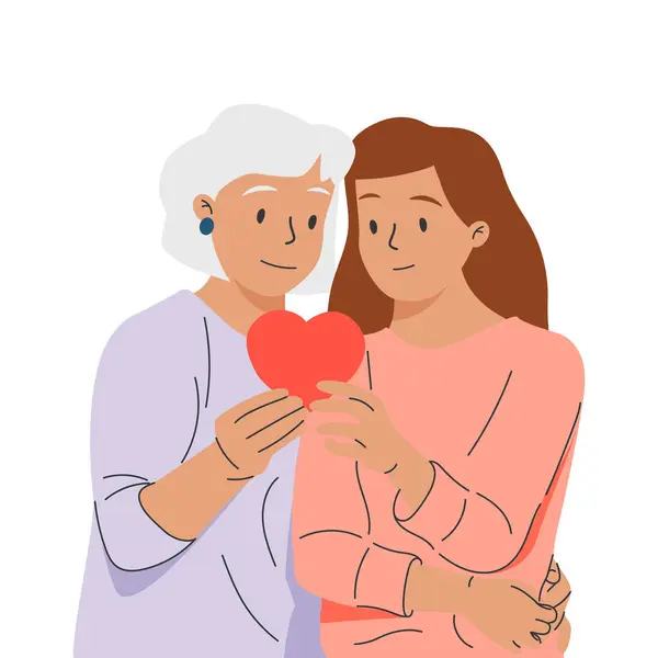 一个女儿从肩上抱着她的老母亲的画像 用粉色背景的平面设计来说明 为母亲或快乐的母亲节提供老年照顾的概念 免版税图库矢量图片