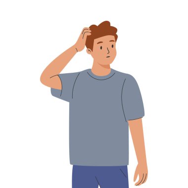 Düşünceli, düşünceli, şüpheci, endişeli, düşünceli bir adam. Kafası karışık, kafası karışık, kafasını kaşıyan biri. Zor durumdaki kafası karışmış endişeli bir adam. Düz vektör çizimi beyaz arkaplanda izole edildi