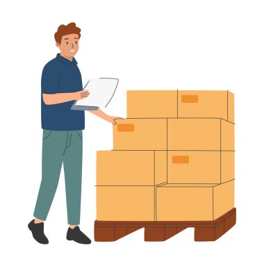 Karton kutulu adam kuryesi, karton kutulu işçilerin portre görüntüsü, paket teslimatı, malların taşınması, paket dekorasyon vektörü