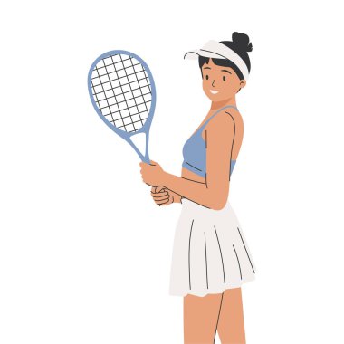 Raketle tenis oynayan, gülümseyen, yakışıklı çizgi film kızı. Tenis oynama ve esneme zamanı. Aktif ve sağlıklı bir yaşam tarzı. Beyaz arkaplanda vektör düz biçim illüstrasyonu