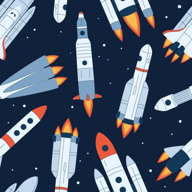 Uzayda uzay gemileri ve roketler var. Uçan füzeler ve uzay araçlarıyla sonu gelmez tekrarlanabilir arka plan. Galaksi mekikleriyle basılabilir dokunun renkli düz vektör çizimi