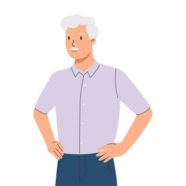 Kıdemli adam, yüz portresi. Yaşlılığın gülümseyen erkek karakteri. Yaşlı, kır saçlı, bıyıklı biri. Bıyıklı yaşlı insan. Düz vektör çizimi beyaz arkaplanda izole edildi