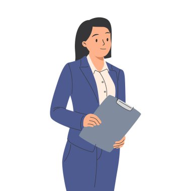 Elinde belgelerle genç bir iş kadını. Dizüstü bilgisayarını tutan mutlu modern iş kadını. Gülümseyen kız girişimci, uzman. Beyaz arkaplanda düz vektör illüstrasyonu