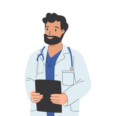 Yetişkin adam, doktor doktor, pratisyen, tıbbi geçmişi tutan sağlık görevlisi, stetoskop. Sağlık hizmetleri çalışanı, terapist. Düz vektör karikatür çizimi beyaz arkaplanda izole edildi