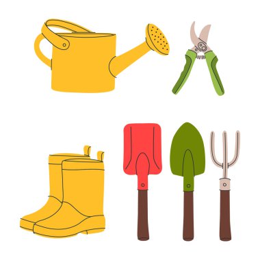 Bahçe için çeşitli eşyalar. Bahçe aletleri. Secateurs, makas, kürek, lastik botlar, sulama kutusu. El çizimi vektör çizimi. Bahçe konsepti