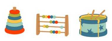 Ahşap, plastik oyuncaklar, piramit, davul ve abaküs. Beyaz arkaplanda renkli düz vektör çizimi