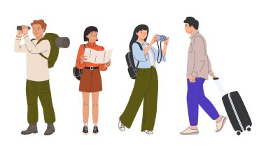 People with suitcases, map and camera in travel. Concept of tourism, journey, trip. Vector flat illustration of tourists, persons with luggage, camera, backpack, smartphone and binoculars