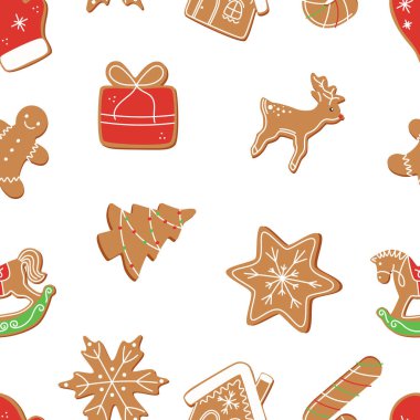 Kusursuz Noel deseni, zencefilli kurabiyelerin farklı şekilleri: zencefilli çörek adam, kardan adam, yıldız, çorap, ağaç, ev, kalp ve şeker, baston şekerler, düşen kar ve kar taneleri, mavi arka plan