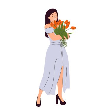 Çiçekli mutlu kız. Çiçek demetleri, buketler tutan güzel kadınlar. Romantik yetenekleri olan kadın karakter, ellerinde çiçek açıyor. Beyaz arkaplanda izole edilmiş düz grafik vektör çizimleri