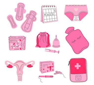 Beyaza izole edilmiş bir dizi kadın adet hijyenik ürünler. Sevimli el çizimi karalama stili adet pedleri ve tamponlar, doğum kontrol hapları, regl bardakları, periyot takvim takip cihazı ve daha fazlası.
