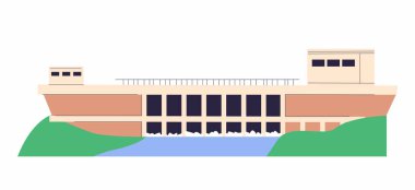 Hidroelektrik güç, su istasyonu. Nehir barajı Hidroelektrik, hidro enerji konsepti. Yenilenebilir elektrik kaynağı, su deposu. Düz vektör çizimi beyaz arkaplanda izole edildi