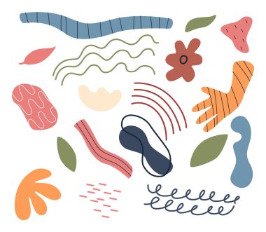 Soyut organik şekiller, nesneler, tropikal meyveler ve deniz yosunları. Çağdaş el çizimi vektör illüstrasyonu.