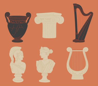 Çeşitli antik heykeller. Kadın başları, şövalye, at. Şube, amforo, el. Efsanevi, antik Yunan tarzı. Elle çizilmiş Vektör çizimi. Modern tarzda klasik heykeller. Tüm elementler izole edildi