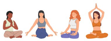 Yoga nilüfer yatağında meditasyon yapan, gözleri kapalı, bacakları çarpık, sakin kadınlar. Meditasyon pratiği. Zen ve uyum kavramı. Beyaz arkaplanda izole edilmiş renkli düz vektör çizimi