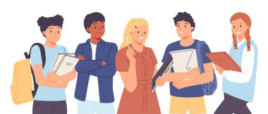 Sınıfta durup, ellerinde not defterleri ve sırt çantalarıyla kameraya bakan neşeli, gülümseyen okul çocukları. El çizimi biçim vektör tasarımı çizimleri