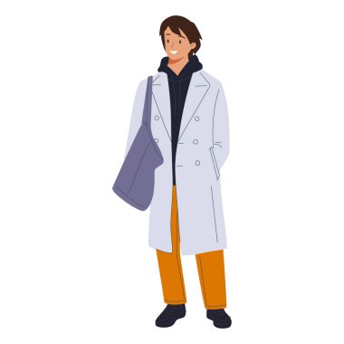 Modern üniversite öğrencisinin gözlüklü portresi. Gündelik giysiler ve sırt çantası giyen mutlu genç bir adam. Beyaz arka planda izole edilmiş gülümseyen adamın renkli düz vektör çizimi