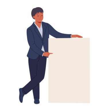 Sunum ve reklam için elinde boş bir kağıt parçası var. Elinde tutan, gösteren, boş afişlere işaret eden genç mutlu adam, terfi kartı maketi. Düz vektör çizimi beyaz üzerine izole edildi