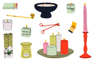 Çeşitli Mumlar. Farklı şekil ve boyutlarda. Sütun, kavanoz mumu, kare, konteynır mumu, multi fitil. Rahatlamak ve spa yapmak için dekoratif mumlar. Kibrit, mum söndürücü. El çizilmiş vektör seti