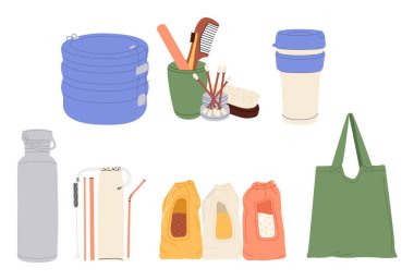 Sıfır atık, dayanıklı ve yeniden kullanılabilir ürün koleksiyonu - cam kavanozlar, eko market poşetleri, ahşap çatal bıçak takımı, tarak, diş fırçası ve fırça, regl kupası, termo bardak. Düz vektör illüstrasyonu.
