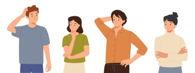 Düşünceli insanların portreleri koleksiyonu. Düşünen ya da sorunu çözen bir sürü zeki erkek ve kadın. Düşünce baloncuklarıyla çevrili bir grup düşünceli kız ve erkek. Düz çizgi film vektör çizimi.