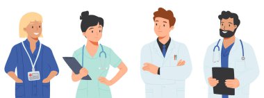 Gülümseyen doktorlar, hemşireler ve sağlık görevlileri. Üniformalı, steteskoplu, maskeli ve eldivenli kadın ve erkek doktorların portreleri. Düz çizgi film vektör çizimi beyaz arkaplanda izole edildi
