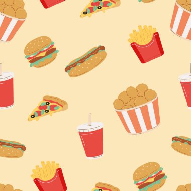 Kolayca değiştirilebilir vektör elementleri. Dijital olarak el çizimi fast food kusursuz desen.