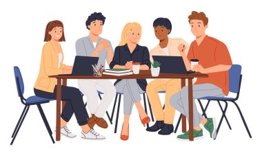 Business Meeting. Vector cartoon illustration in a flat style of group of diverse people leading a discussion at a table near a whiteboard with charts and graphs. Isolated on background clipart