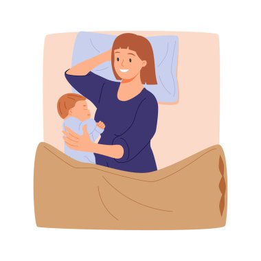 Mutlu bir anne küçük çocuğuna sarılıyor, tatlı, rahat bir ailede birlikte uyuyor geceleri battaniyenin altında rahat bir yatakta uzanıyor. Anne ve çocuk birbirlerini kucaklıyor ve evde uyuyorlar.