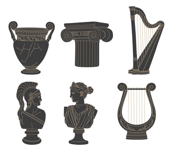 Various Antique statues, branch, amphora, column. Mythical, ancient greek or roman style. Hand drawn Vector illustrations. Stamp texture. Classic statues in modern style. All elements are isolated